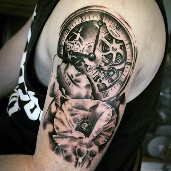 Upper Arm Mens Tattoo Of Poppy Flower And Watch With Gears