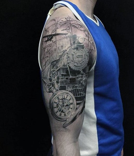 Upper Arm Mens Train Tattoos