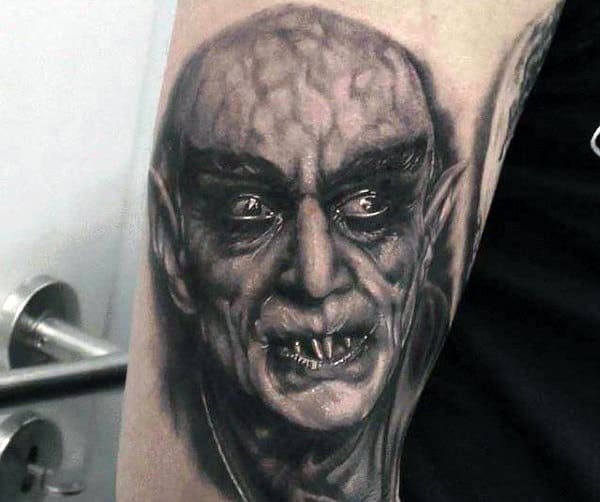 Upper Arm Mens Vampire Tattoo Realistic Design Ideas