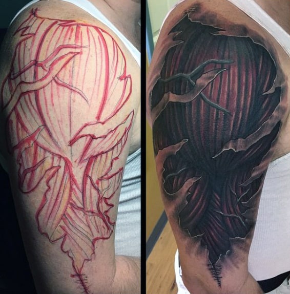 Upper Arm Muscle Mens Ripped Skin Tattoo Designs