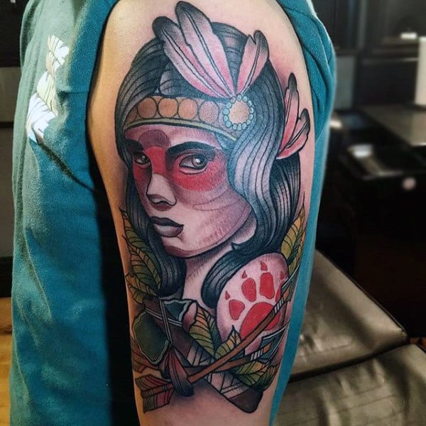 Upper Arm Native American Woman With Tomahawk Mens Tattoo
