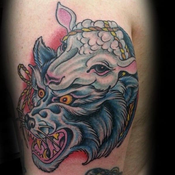 Upper Arm Old School Creative Wolf In Sheeps Clothing Tattoos For Men