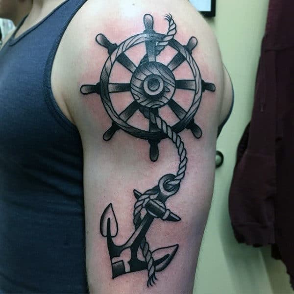Upper Arm Old School Ship Wheel With Rope And Anchor Tattoo For Men