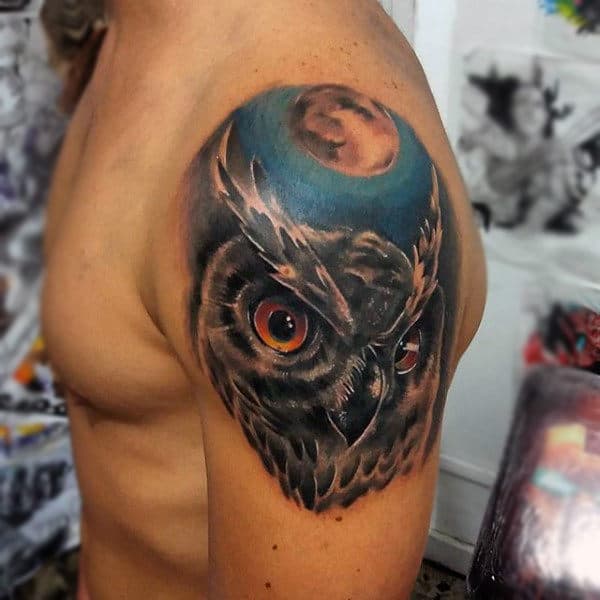 Upper Arm Owl With Moon Animal Tattoos For Guys