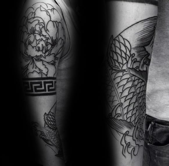 Upper Arm Peony Black Ink Outline Tattoo On Gentleman