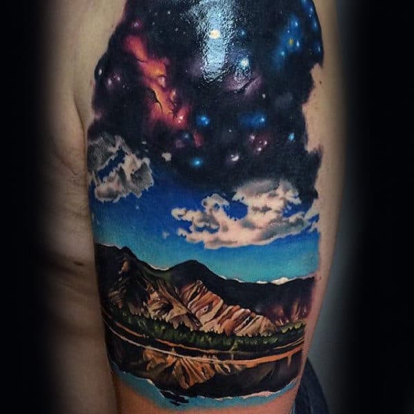 Upper Arm Realistic Mens Sky Tattoos With Mountains And Clouds