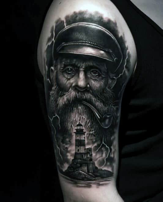 Upper Arm Realistic Nautical Sailor With Lighthouse Mens Tattoos
