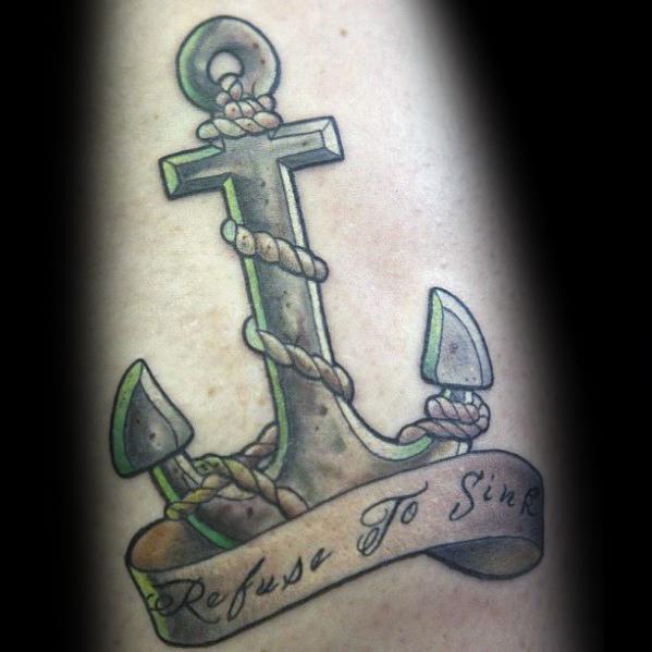 Tattoo of an anchor wrapped in rope, boldly stating, "Refuse To Sink