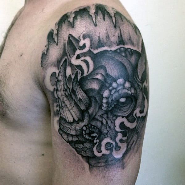Upper Arm Rhino Dotwork Shaded Male Tattoos
