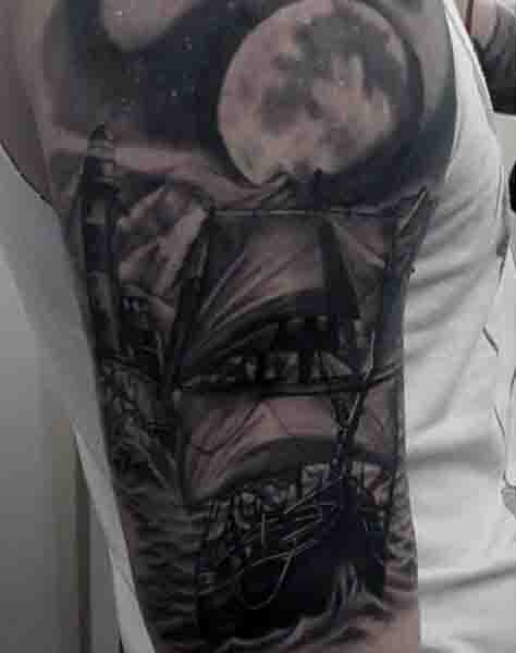 Upper Arm Sailing Ship Mens Moon Tattoos
