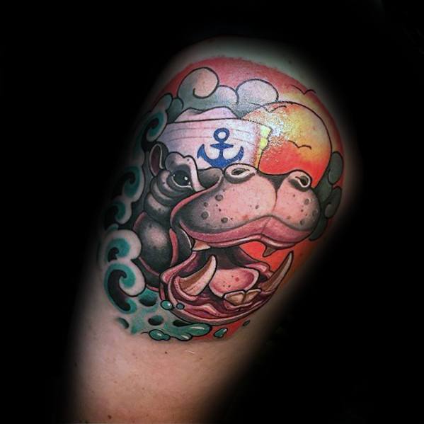 Upper Arm Sailor Hippo Mens Tattoo Designs