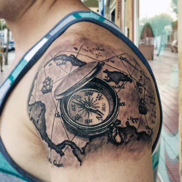 Upper Arm Shoulder Mens World Map Tattoos With Compass