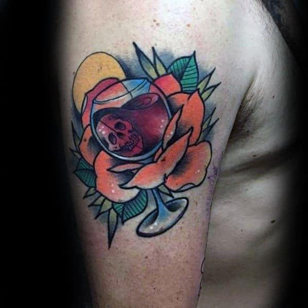 Upper Arm Skeleton Wine Glass Tattoos For Men