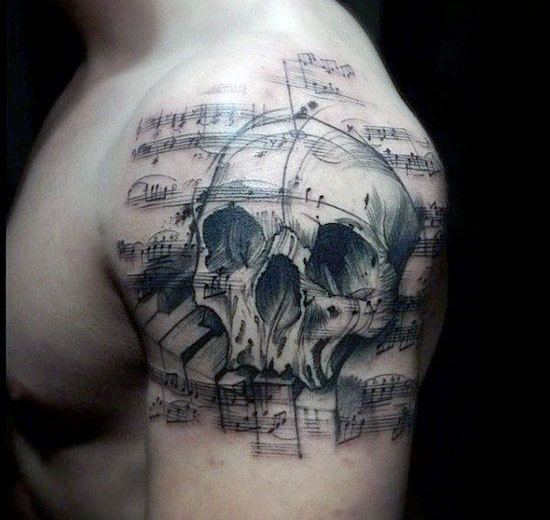 Upper Arm Skull Music Staff Male Tattoo Designs
