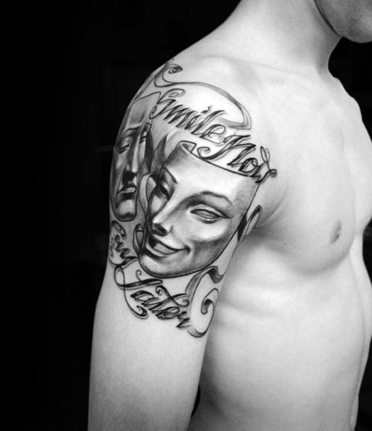 Upper Arm Smilie Now Laugh Later Drama Mask Tattoos Male