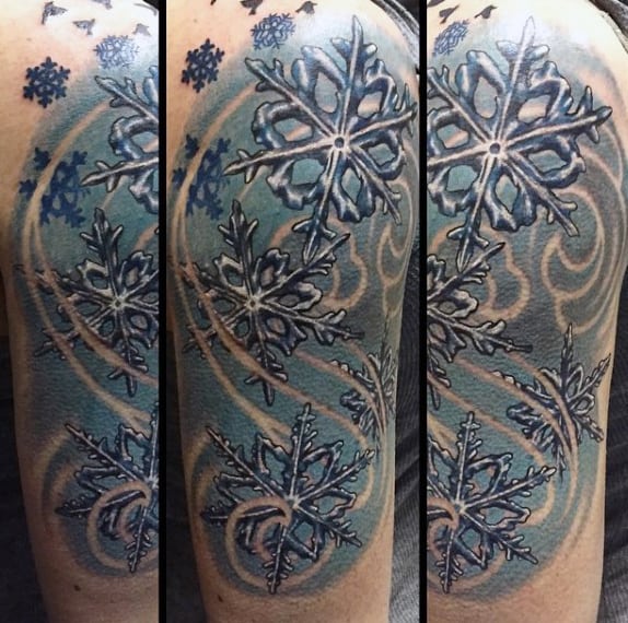 Upper Arm Snowflakes Mens Ice Crystal Tattoo Designs