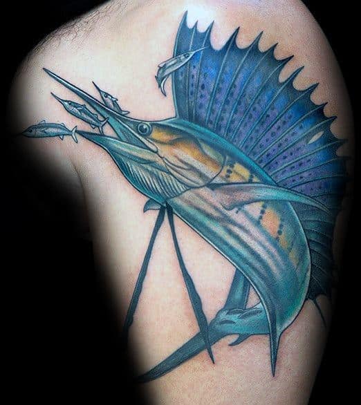 Upper Arm Swordfish Mens Tattoo Ideas