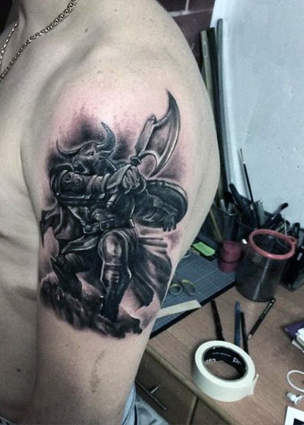 Upper Arm Tattoos Of Bull Man