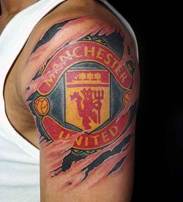 Upper Arm Torn Skin 3d Manchester United Guys Tattoos