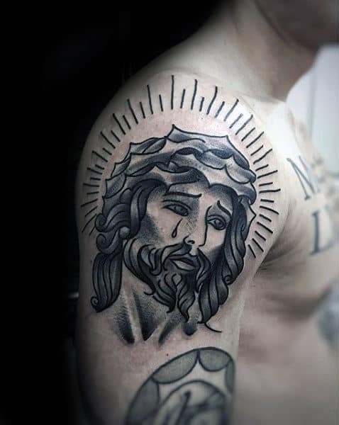Upper Arm Traditional Jesus Portrait Tattoo Design For Males