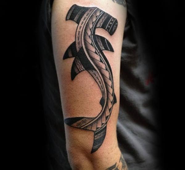 Upper Arm Tribal Hammerhead Shark Male Tattoo Ideas