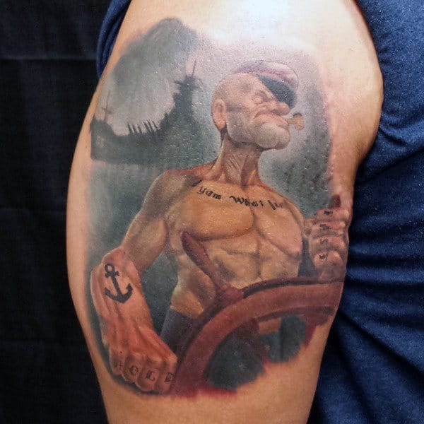 Upper Arm Watercolor Out At Sea Popeye The Sailor Man Tattoo