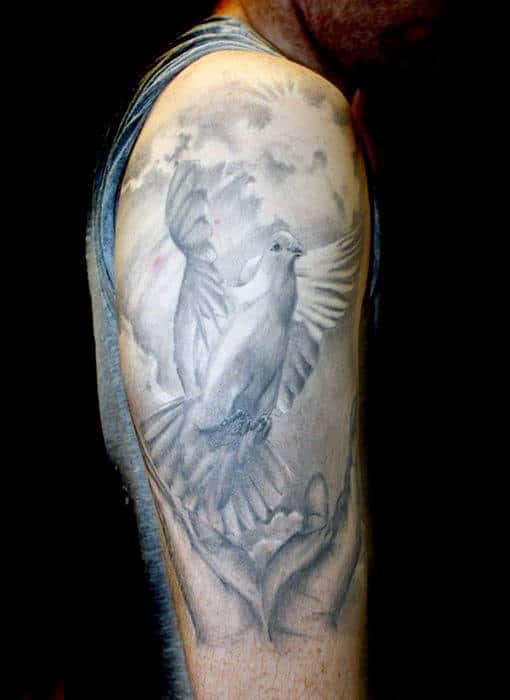 Upper Arm White Ink Dove Birds Tattoos For Guys