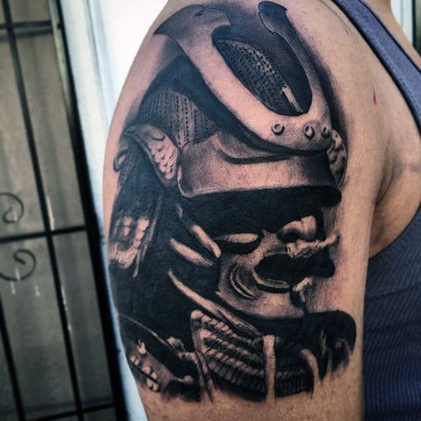 Upper Arms Samurai Helmet Shaded Black And Grey Ink Male Tattoo Designs