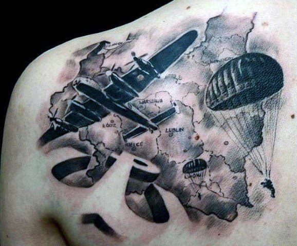 Upper Back 3d Military Plane Guys Parachute Tattoos