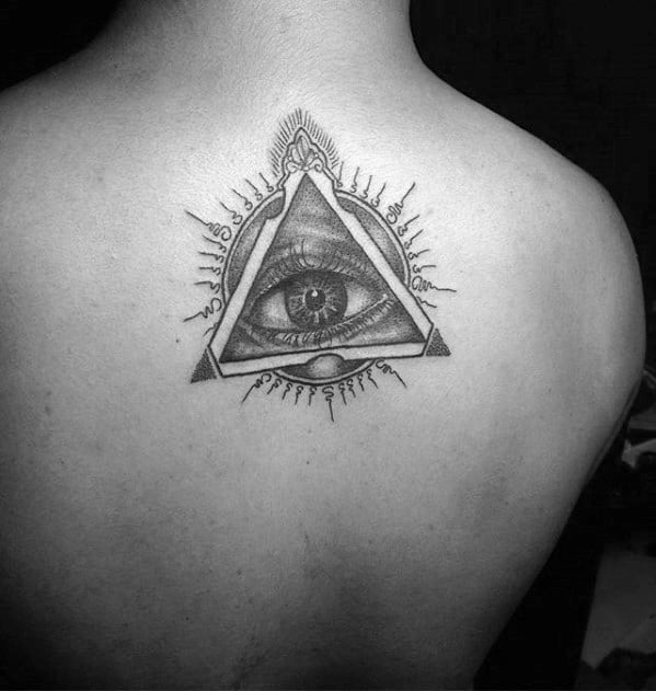 Upper Back All Seeing Eye With Sanskrit Male Tattoos