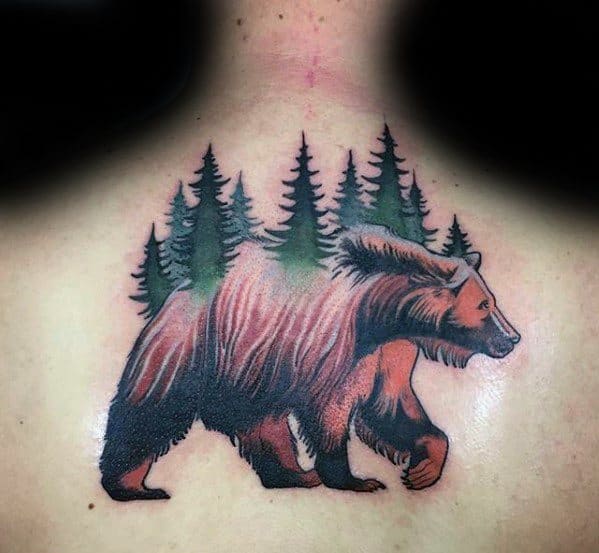 Upper Back Bear Trees Morph Tattoo Design On Man