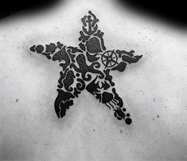 Bold black starfish tattoo on the upper back, composed of negative space nautical symbols like anchors, wheels, and seahorses.