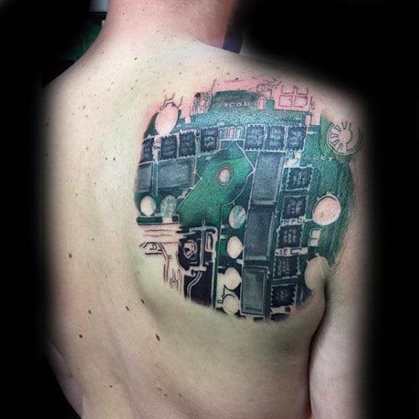 Upper Back Circuit Board Tattoo Ideas For Guys