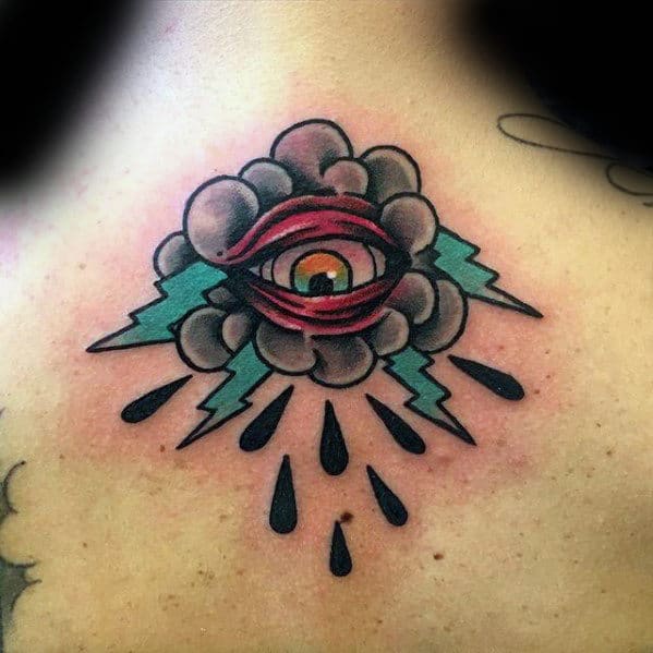 Upper Back Clouds With Eye And Thunder Mens Traditional Tattoos