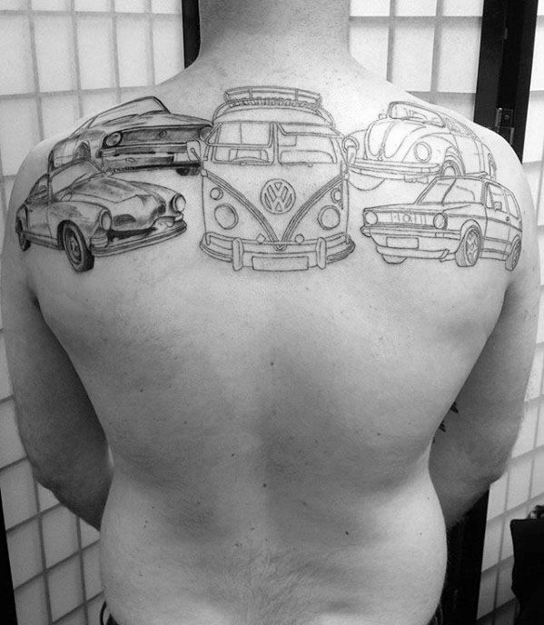 Back tattoo featuring a lineup of iconic Volkswagen vehicles in black and gray outline style, spanning shoulder to shoulder.