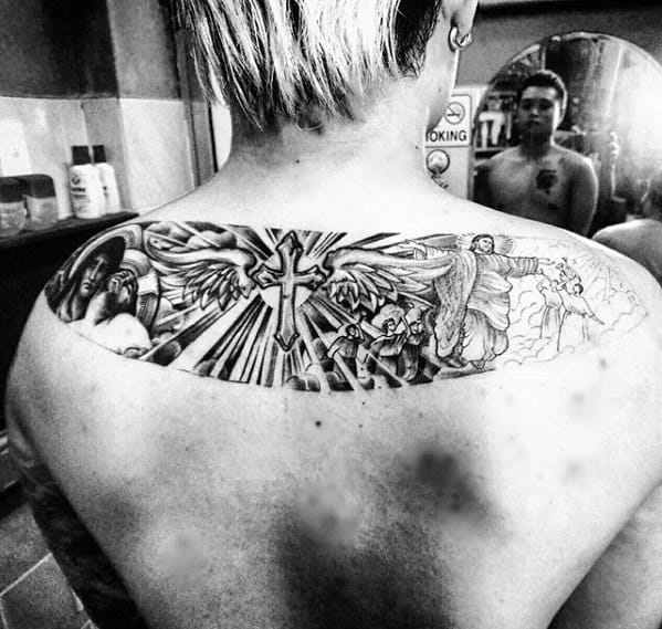 Upper Back Cross Catholic Mens Tattoo Designs