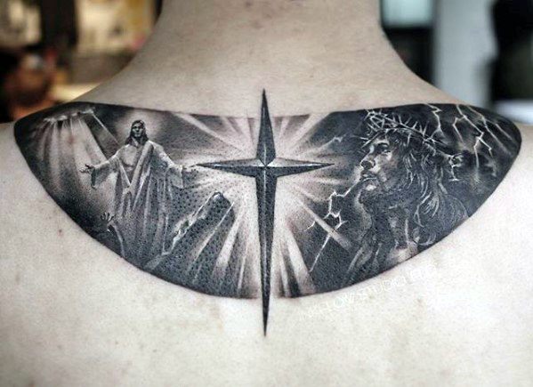 Upper Back Cross With 3d Jesus Tattoos Men