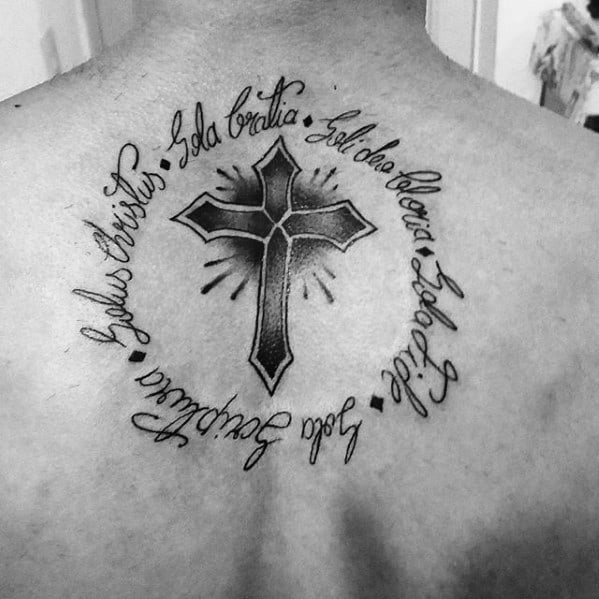Upper Back Cross With Latin Text Mens Tattoo Ideas