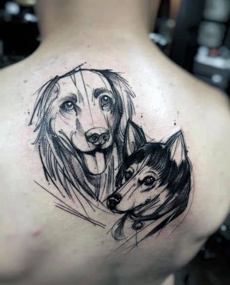 Upper Back Dogs Mens Sketch Tattoo Design Inspiration
