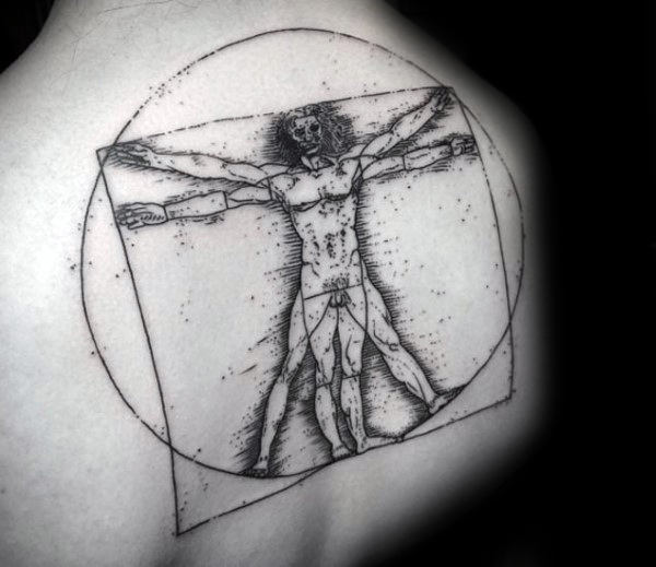 Upper Back Drawing Vitruvian Man Tattoo On Guy