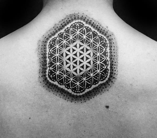 Upper Back Flower Of Life Tattoo For Males With Negative Space Design