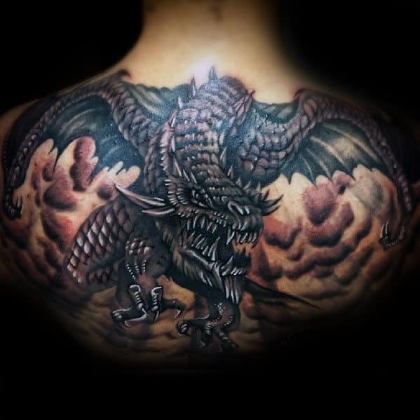 Upper Back Flying 3d Dragon Mens Tattoos