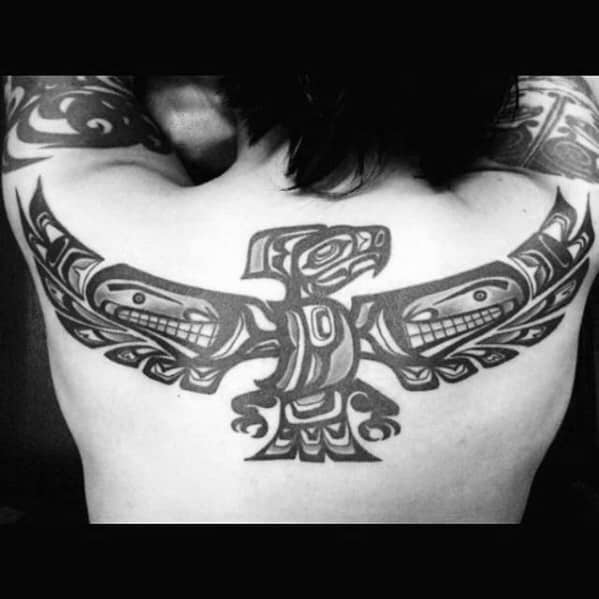 Upper Back Flying Bird Mens Animal Tribal Tattoo Design Inspiration