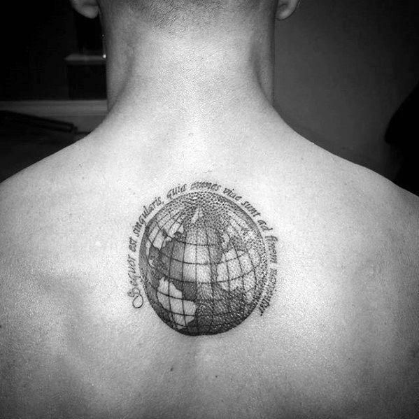 Upper Back Globe With Latin Tattoo Designs For Guys