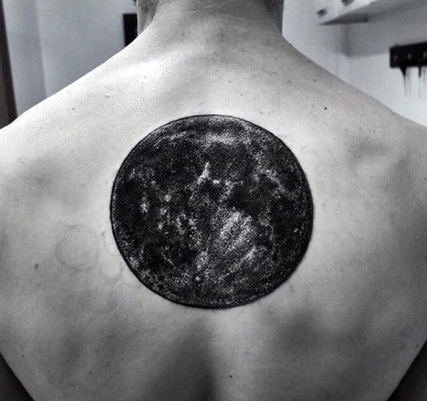 Upper Back Guys Black And Grey Ink Realistic Moon Tattoo