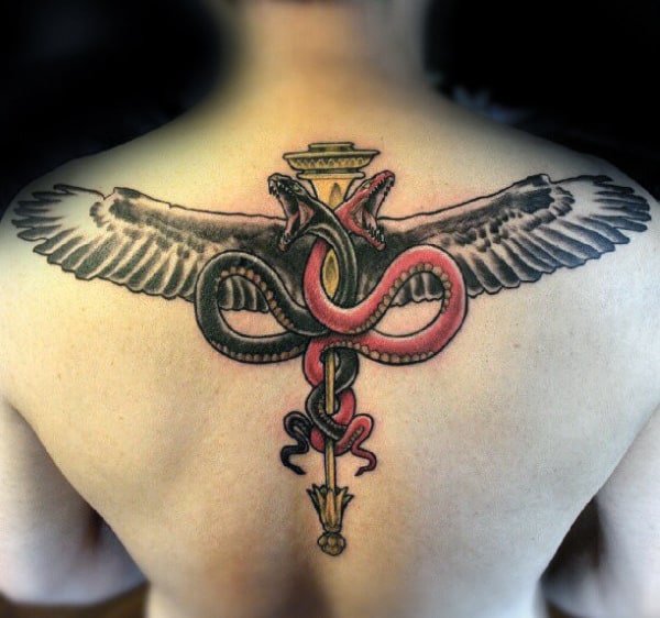 Upper Back Guys Black And Red Snakes Caduceus Tattoo