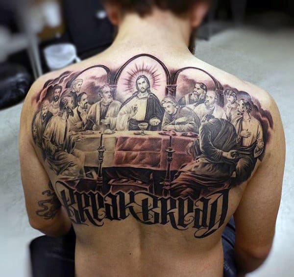 Upper Back Last Supper Tattoos For Men