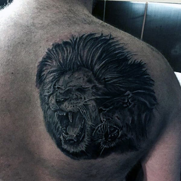 Upper Back Lion Head Tattoo Designs For Men