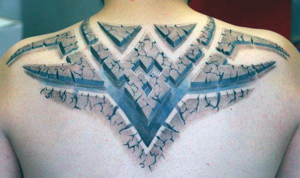 Upper Back Male Stone 3d Tribal Tattoos