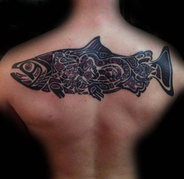 Upper Back Mens Haida Tribal Fish Tattoos